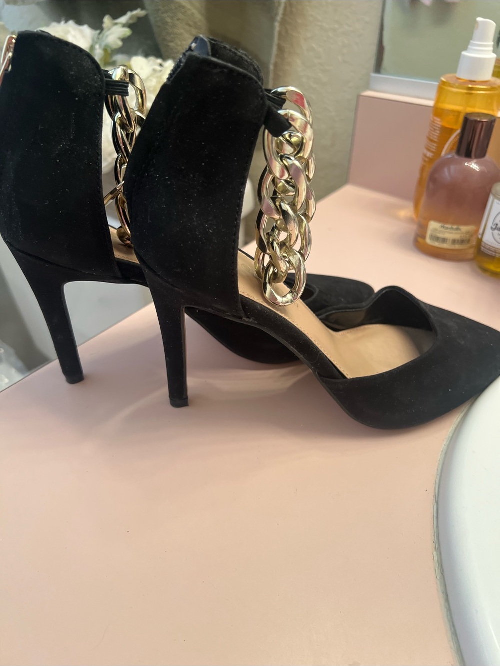 BCBGeneration Black Suede Pointed-Toe Heels with Gold Chain Ankle Strap